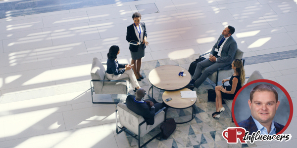 Meeting of business people with Patrick Cochran’s headshot overlayed in the bottom right