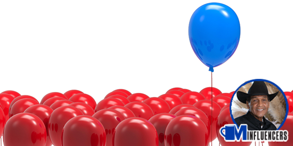 image of a blue balloon rising above red balloons, Olive Bell’s headshot in the bottom right