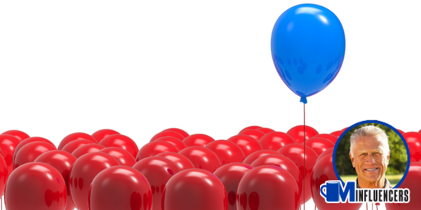 image of a blue balloon rising above red balloons, Randy Chaffee’s headshot in the bottom right