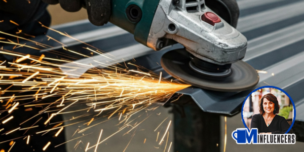 image of a person using a tool on a metal panel, sparks fly, Thea Dudley’s headshot in the bottom right