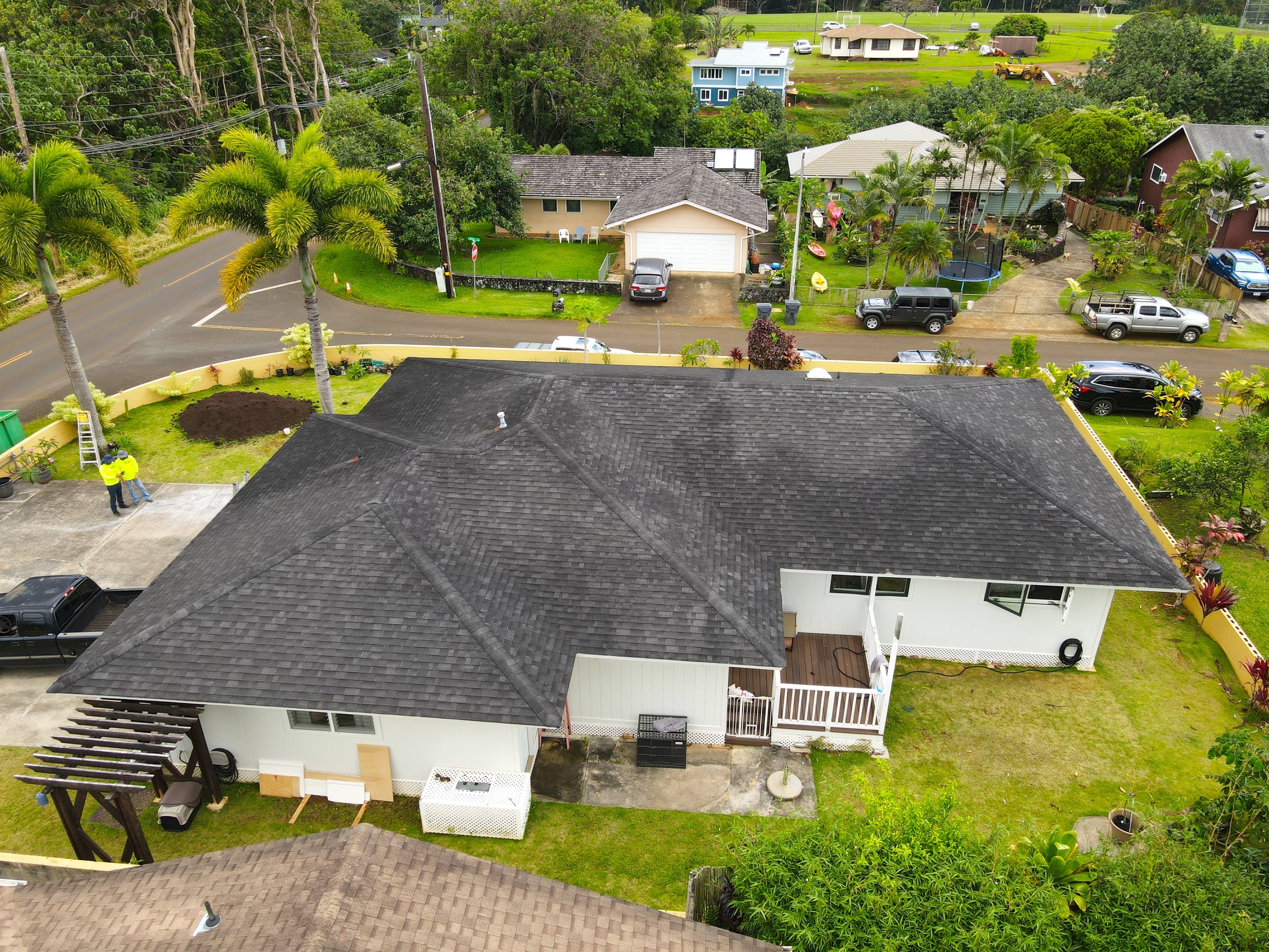 Completed composition roof, aerial view